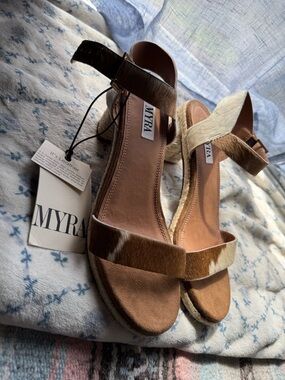 Myra Leather Brown & Cream Haircalf Espadrille Wedge Sandals - Ankle Strap